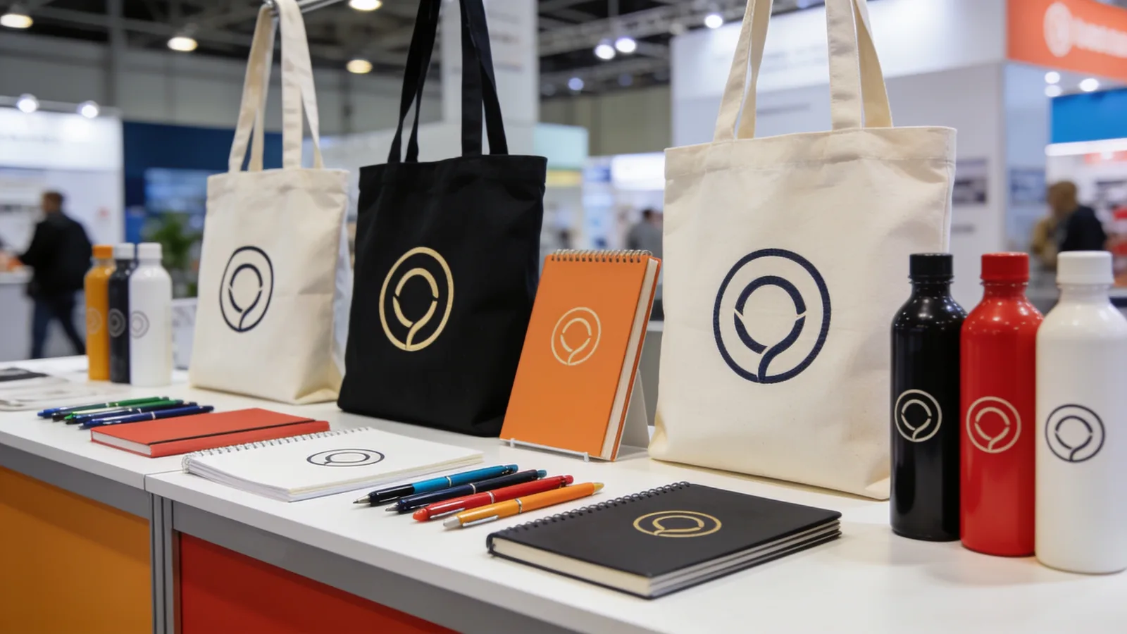 Firemný stánok na veľtrhu s reklamnými predmetmi - plátená taška s logom, reklamné perá a textil pre návštevníkov